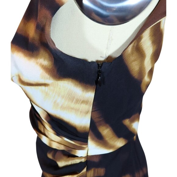 ANN TAYLOR Abstract Print Ruched 100% Silk Sheath Dress Size 0 Brown Black - Picture 6 of 10